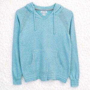 Athleta Evergreen Hoodie Sweater XS Blue Lightweight Knit Pullover Pocket Soft